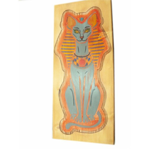 Nástěnná umělecká dekorace, dřevěný obraz bohyně Bastet