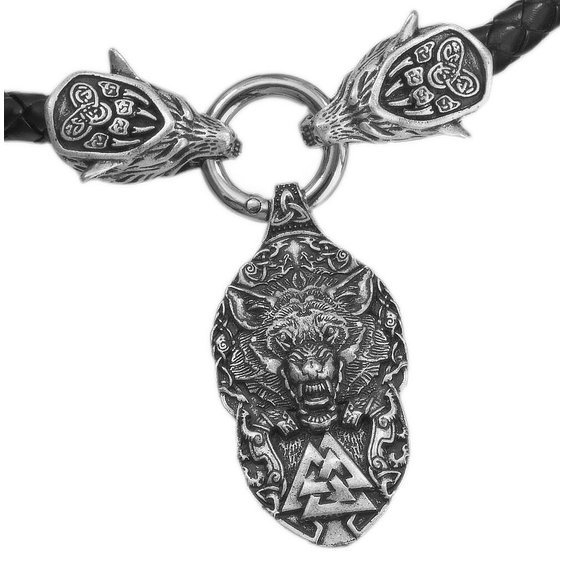 1. Mystické šperky, přívěsek ze slitina Pewter s koženým náhrdelníkem. Vlčí symbol  Valknut