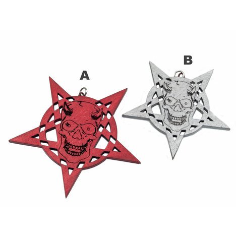 Dřevěný amulet převrácený Pentagram s Lebkou Satana