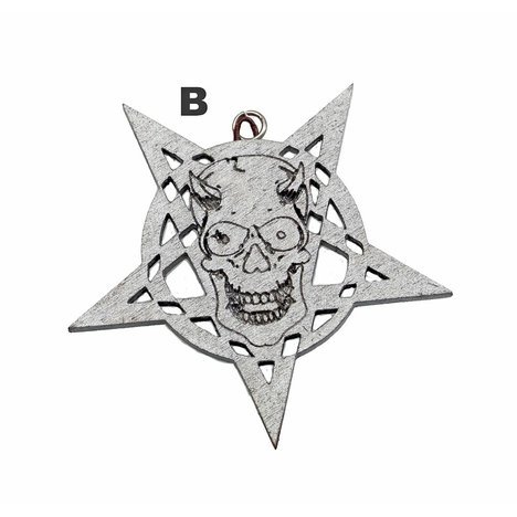 3. Dřevěný amulet převrácený Pentagram s Lebkou Satana. Stříbrná barva