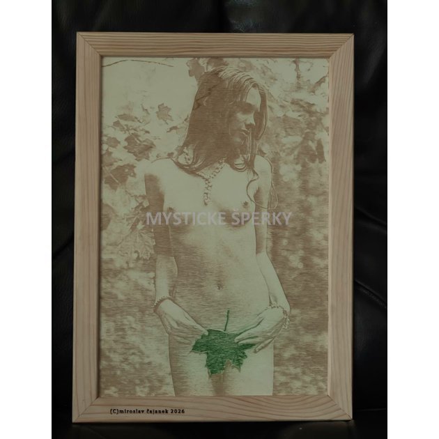 1. Miroslav Čajanek, autieká fotografie, uměklcký akt Dívka s listem javoru. tisk/gravírování na dřevo.