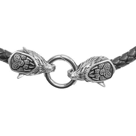 Pletená černá kůže na krk s Vlčími hlavami.