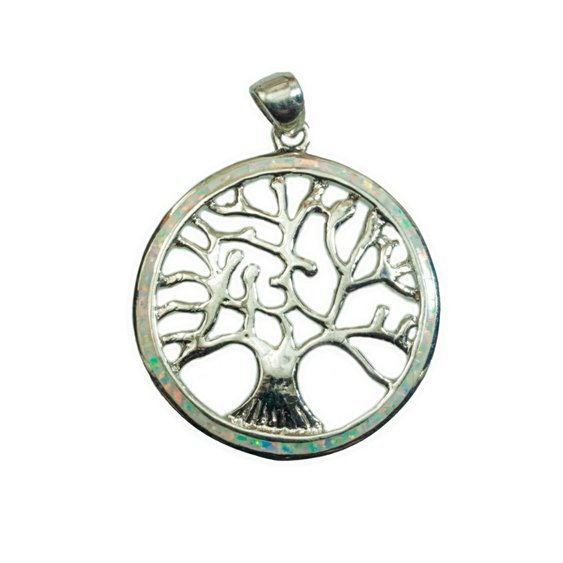 Stříbrný přívěsek s bílým Opálem, amulet Strom života 031